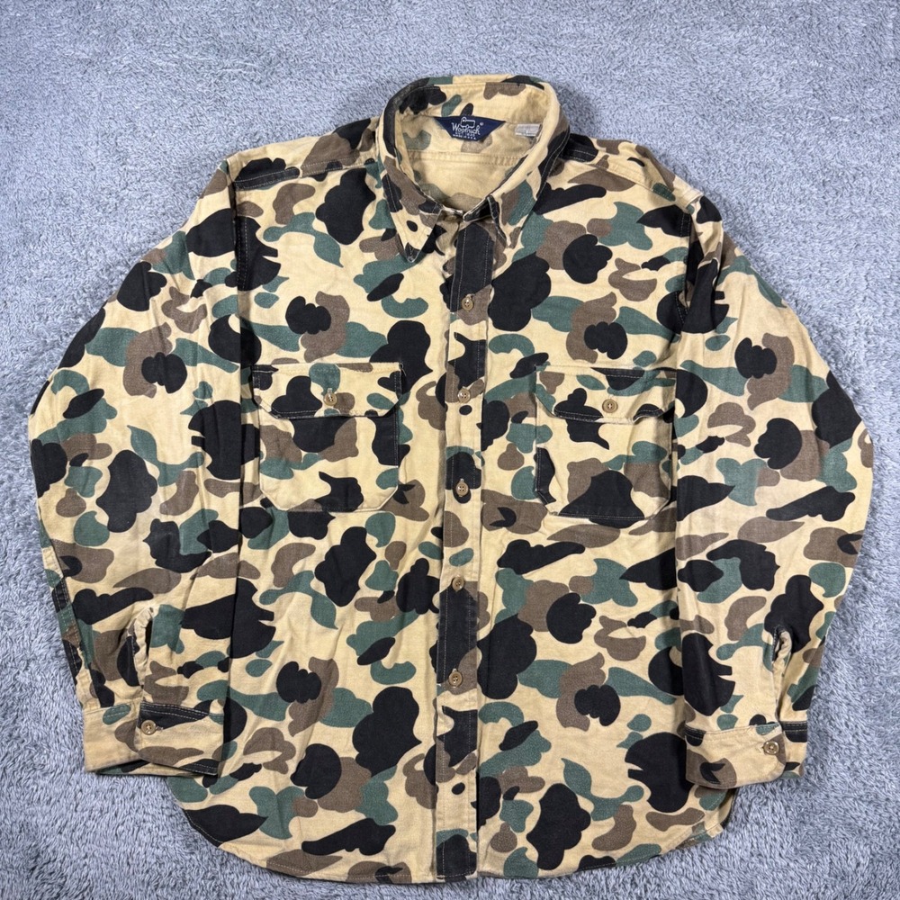 VTG Woolrich Chamois Cloth Flannel Shirt Mens XL Camo Duck Hunter Made in USA